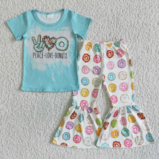 (Promotion) A14-4 Peace love donuts blue top bell bottom pants girls clothes set