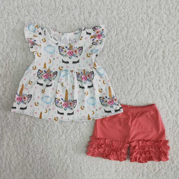 (Promotion) A15-11 Flutter sleeve nicorn icing shorts summer outfits