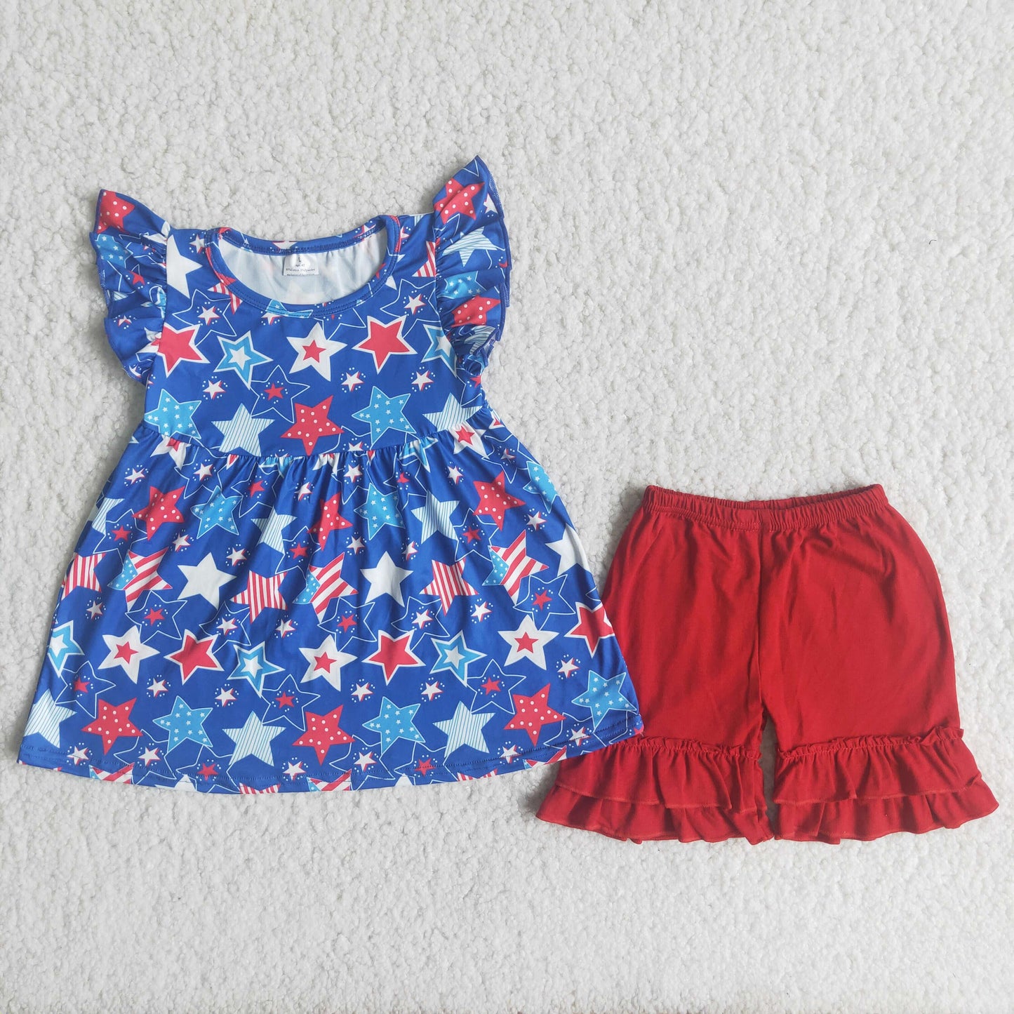 (Promotion)A15-21 Stars Flutter Sleeve Tunic Top Red Shorts Girls 4th of July Outfits