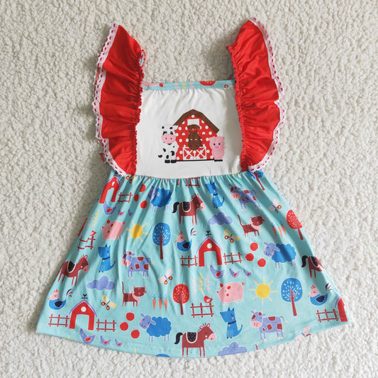 (Promotion) A15-4 Flutter sleeves farm animals print summer dress