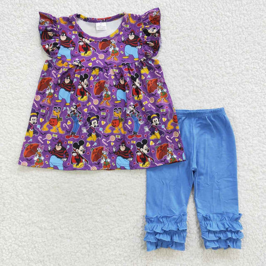 A16-9-1 Purple pumpkin cartoon mouse tunic capris girls Halloween clothes set