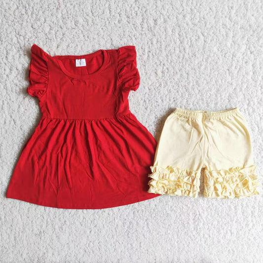 (Promotion) A17-1 Red Tunic Top Yellow Shorts Girls Summer Outfits