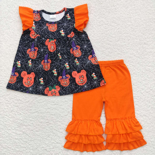 A4-13 Flutter sleeve cartoon mouse candy web print orange capris Halloween outfits