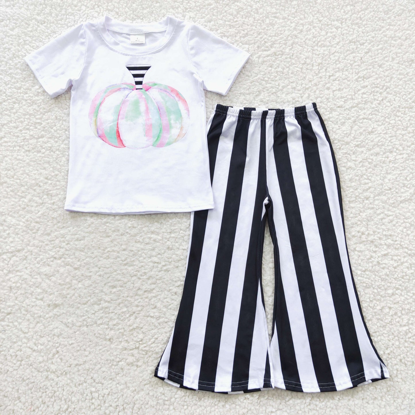 (Promotion) A7-5 Colorful pumpkin top black stripes bell bottom pants outfits