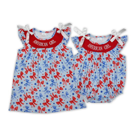 AMERICAN GIRL Embroidery Red Blue Bows Stars Print Sisters 4th of July Matching Clothes