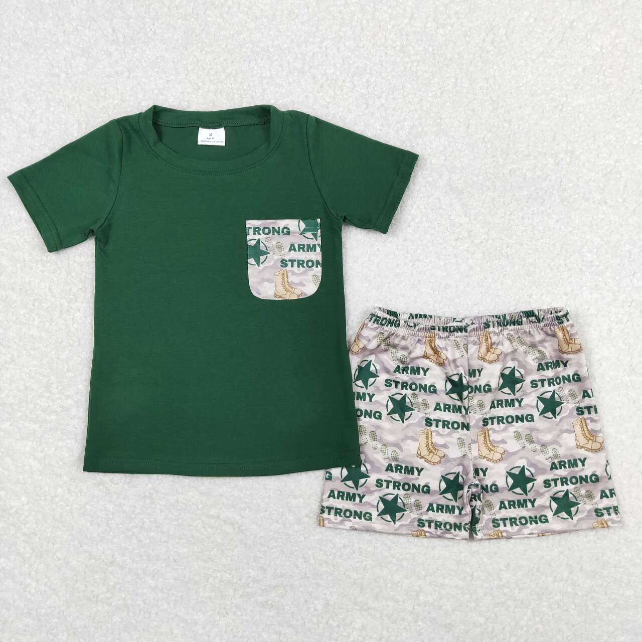 BSSO0701  Green Pocket Top Star Boots ARMY Shorts Boys Summer Clothes Set