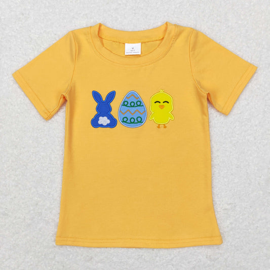 BT0425  Yellow Bunny Egg Chickling Embroidery Boys Easter Tee Shirt Top