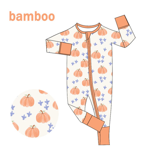 (Custom Design Preorder MOQ 20) Pumpkin Print Baby Girls Fall Long Sleeve Bamboo Sleeper Zipper Romper