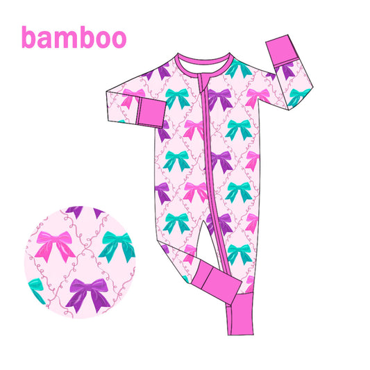 (Custom Design Preorder MOQ 20) Purple Bows Print Baby Girls Long Sleeve Bamboo Sleeper Zipper Romper