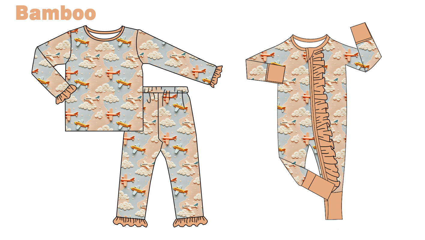 (Custom Design Preorder MOQ 20 Each Design) Plane Pink Print Girls Pajamas Matching Bamboo Clothes Sisters Wear