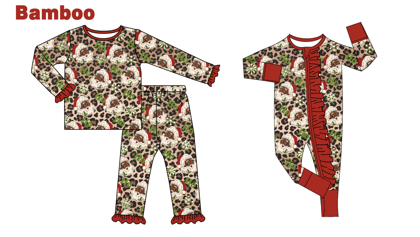 (Custom Design Preorder MOQ 20 Each Design) Santa Leopard HOHOHO Print Girls Christmas Pajamas Matching Bamboo Clothes Sisters Wear