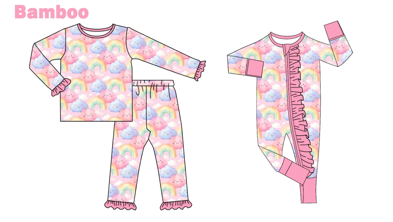 (Custom Design Preorder MOQ 20 Each Design) Rainbow Print Girls Pajamas Matching Bamboo Clothes Sisters Wear