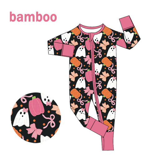 (Custom Design Preorder MOQ 20) Ghost Bows Print Baby Girls Halloween Long Sleeve Bamboo Sleeper Zipper Romper