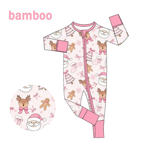 (Custom Design Preorder MOQ 20) Santa Gingerbread Bows Print Baby Girls Christmas Long Sleeve Bamboo Sleeper Zipper Romper
