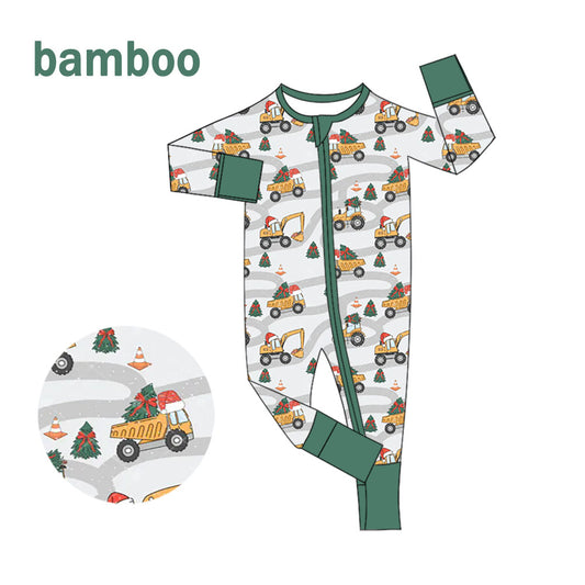 (Custom Design Preorder MOQ 20) Construction Trucks Print Baby Boys Christmas Long Sleeve Bamboo Sleeper Zipper Romper