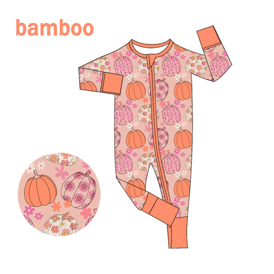 (Custom Design Preorder MOQ 20) Pumpkin Flowers Print Baby Girls Fall Long Sleeve Bamboo Sleeper Zipper Romper