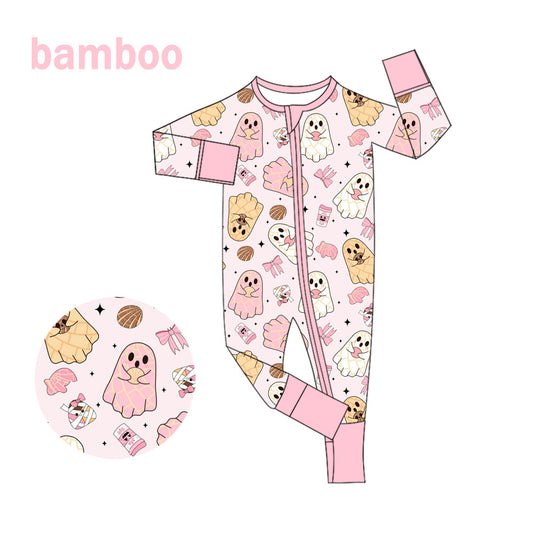 (Custom Design Preorder MOQ 20) Ghost Bows Print Baby Girls Halloween Long Sleeve Bamboo Sleeper Zipper Romper