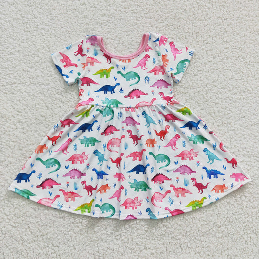 Aa-10 Colorful dino knee length girls summer dress