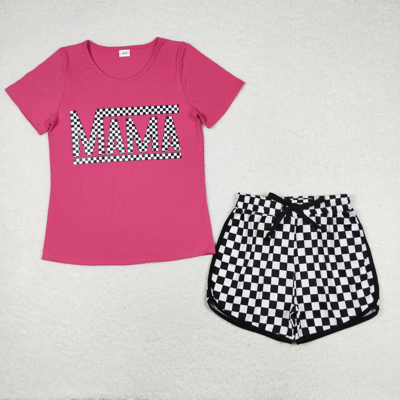 MAMA & MINI Vinyl Hot Pink Top Black Plaid Shorts Mom and Me Matching Summer Clothes Set