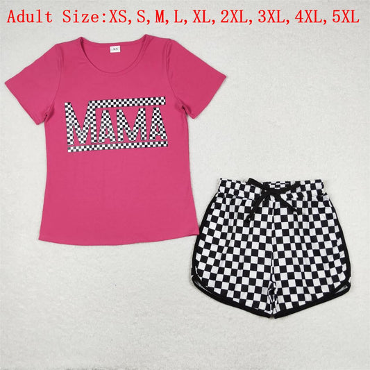 GSSO1210  Hot Pink MAMA Vinyl Top Black Plaid Shorts Adult Summer Clothes Set