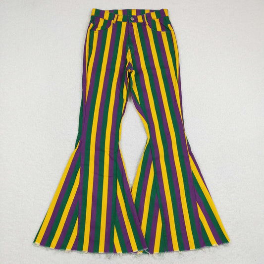P0328 Adult Purple yellow green stripes denim bell bottom jeans woman Mardi Gras pants