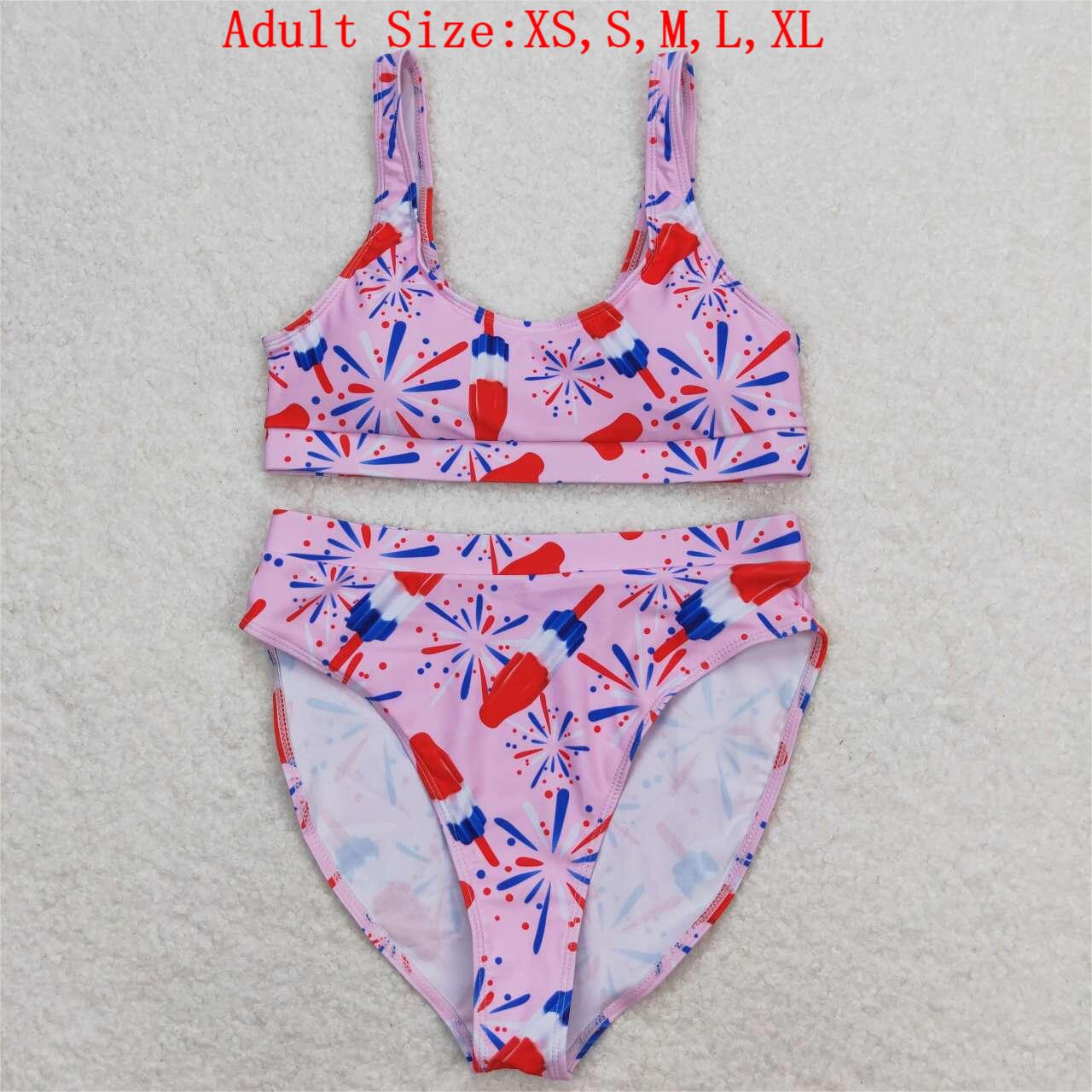 S0334 Adult Fireworks Popsicle Pink Print Woman 2 Pieces 4th of July Swimsuits