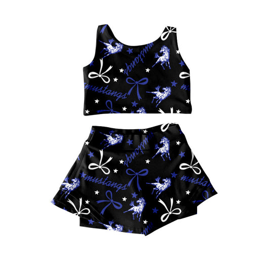 (Custom Design Preorder MOQ 5) Team's Mustangs Bows Print Shorts Skirts Girls Summer Yoga Clothes Set