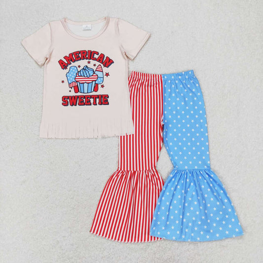 GSPO1485  American Sweetie Tassel Top Red Stripes Stars Bell Pants Girls 4th of July Clothes Set