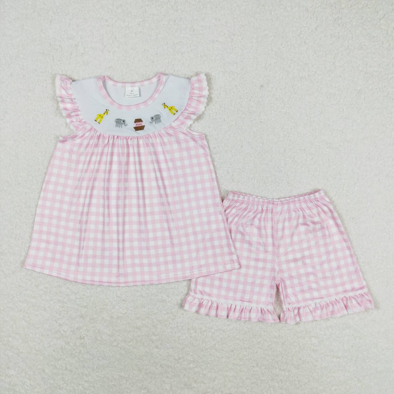 GSSO0795  Animals Embroidery Pink Plaid Girls Summer Clothes Set