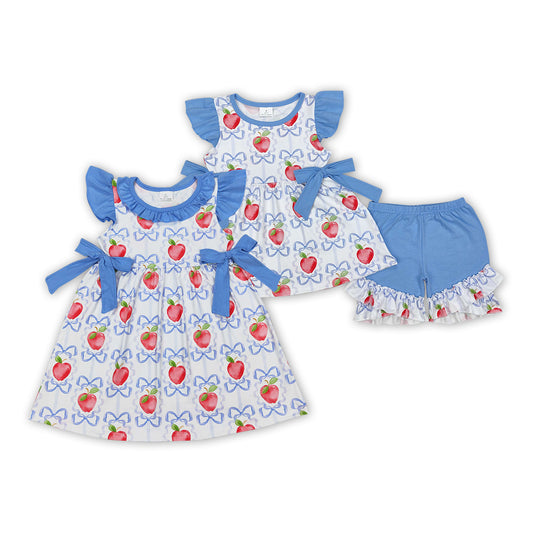 Apple Blue Bows Print Girls Back to School Clothes Sisters Wear