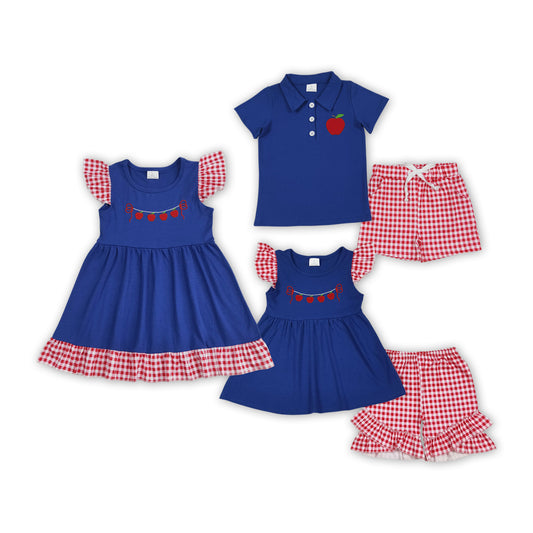 Apple Embroidery Blue Top Red Plaid Shorts Kids Back to School Clothes Sibling Wear
