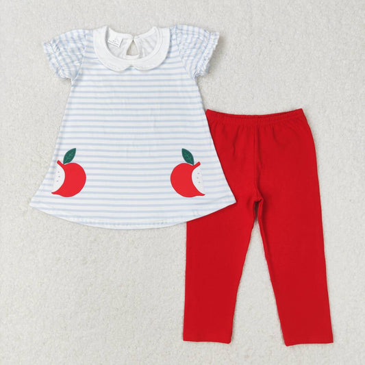 GSPO1446  Apple Stripes Top Red Legging Pants Girls Back to School Clothes Set
