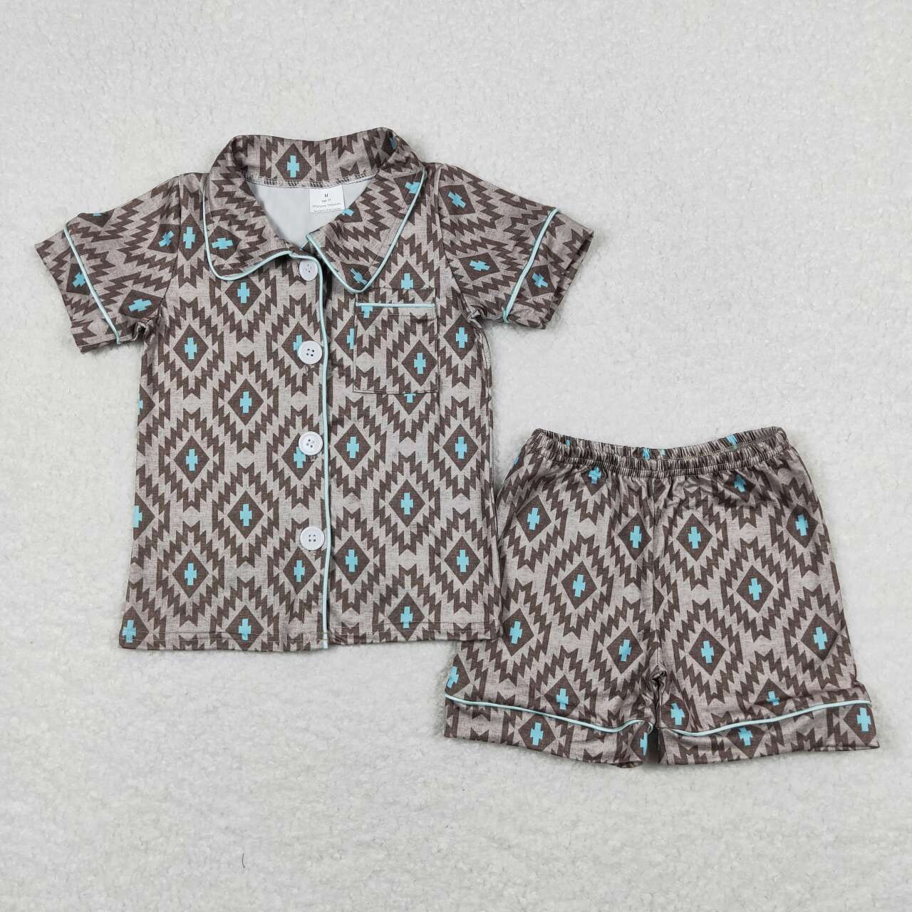 BSSO0560  Grey Aztec Western Print Boys Summer Pajamas Clothes Set