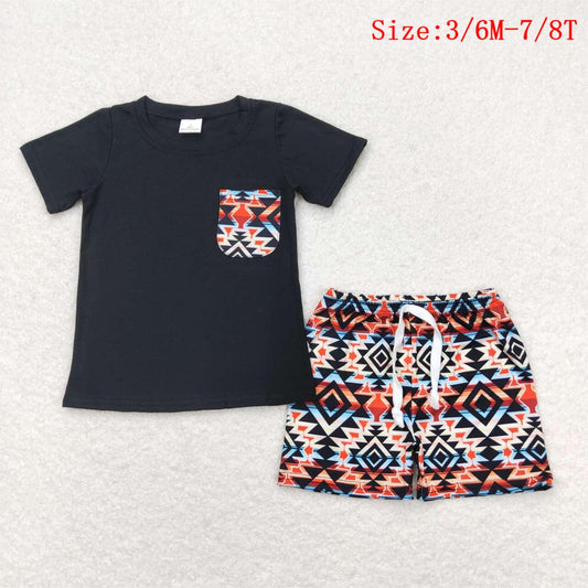 BSSO0678  Black Pocket Top Aztec Shorts Boys Summer Western Clothes Set