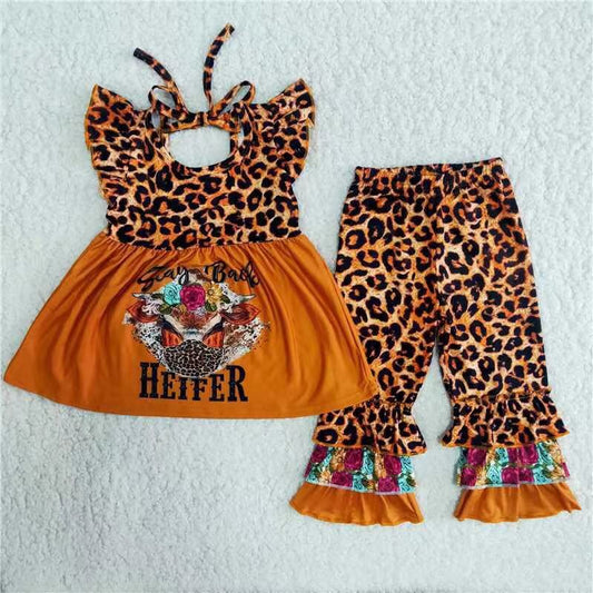 (Promotion)B10-14 Leopard heifer top ruffles pants girls clothes set