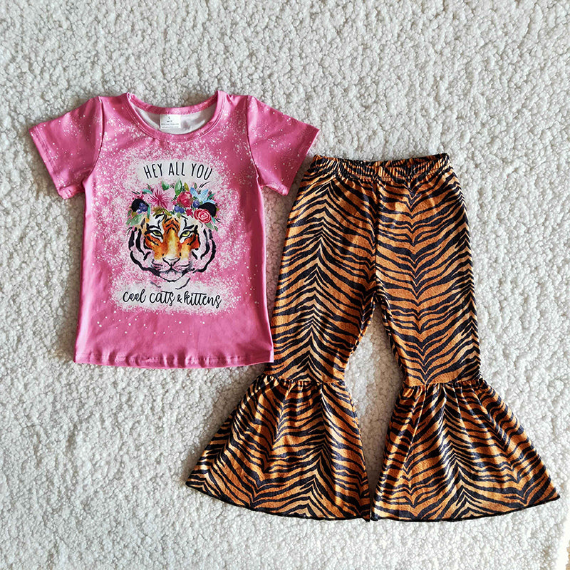 (Promotion) B11-14 Pink tiger top bell pants girls clothes set