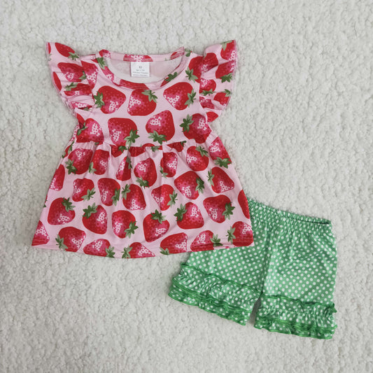 B12-4  Strawberry print girls summer outfits