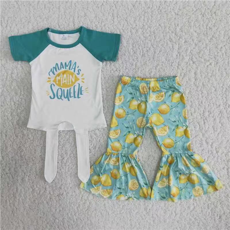 (Promotion)B13-14 Mama's main squeeze lemon print bell pants girls clothes set