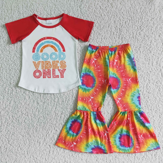 (Promotion)B14-15 Good rainbow print tie-dye bell pants girls clothes set