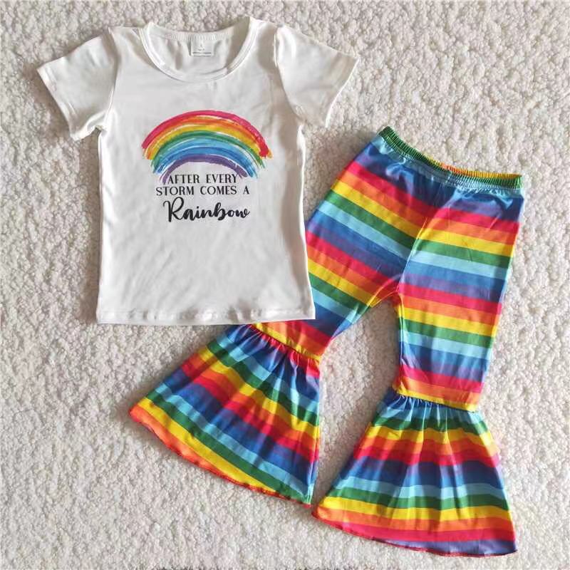 (Promotion)B14-3 Rainbow print bell pants girls clothes set