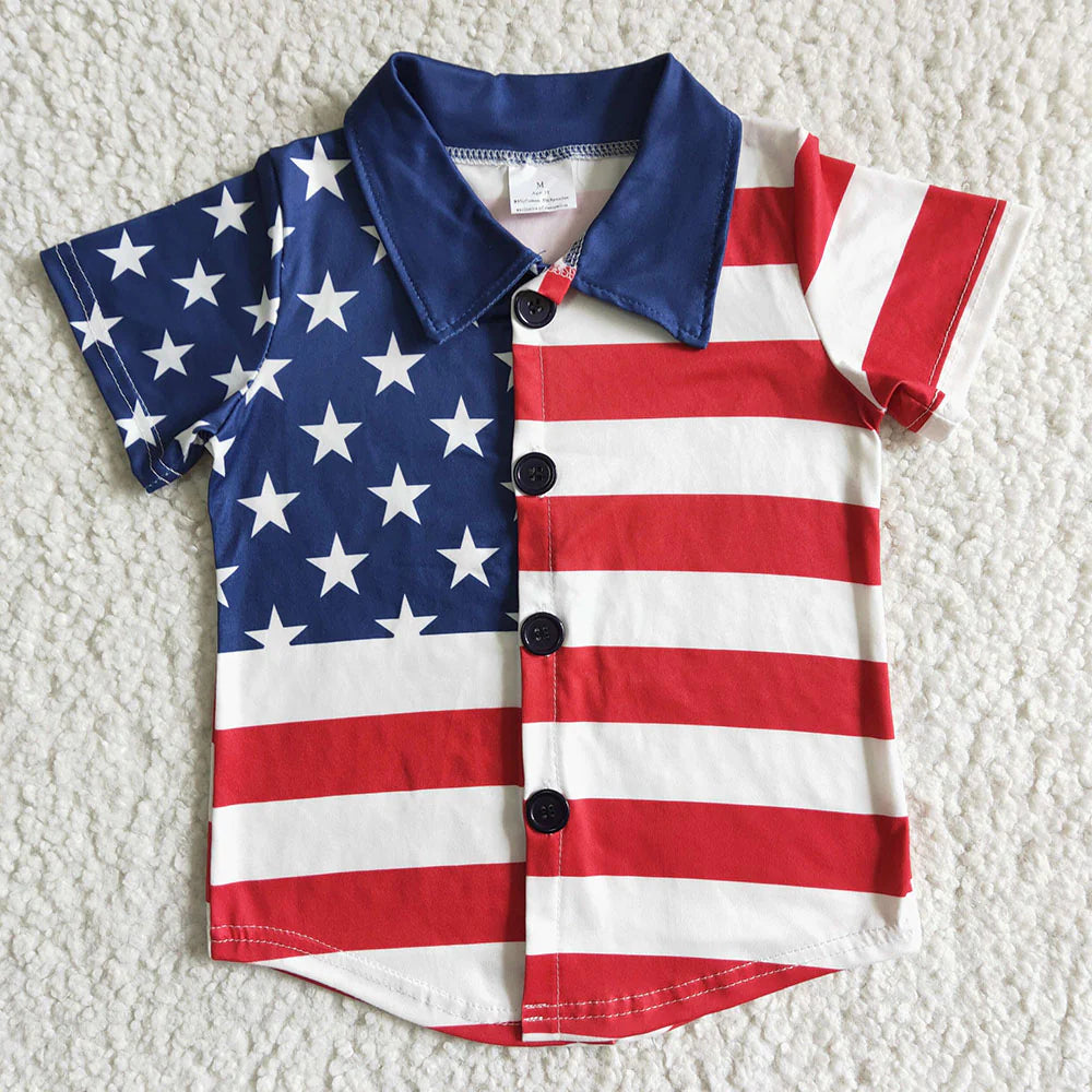 Stars Red Stripes Boys 4th of July Buttons Tee Shirts Top Brothers Wear