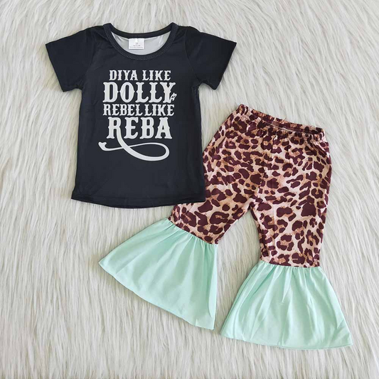 (Promotion) Girls Singer Print Top Leopard Bell Bottom Pants Clothes Sets  B17-22