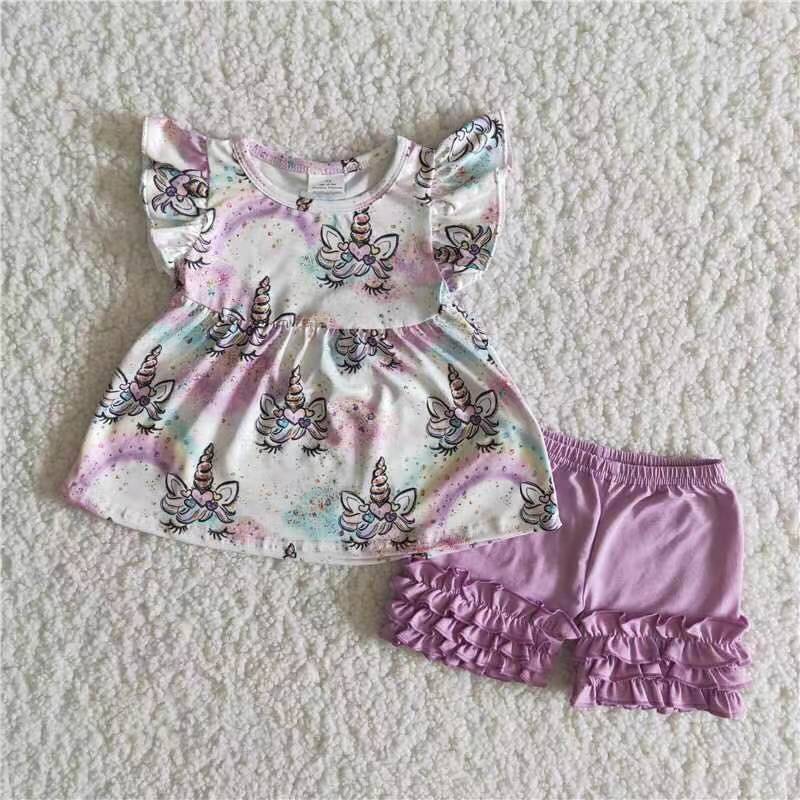 (Promotion)Girls purple flutter sleeve Unicorn print top shorts summer outfits  B17-24