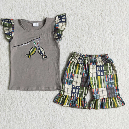 (Promotion)B3-15 Girls grey cotton top fishing embroideried plaid summer outfits
