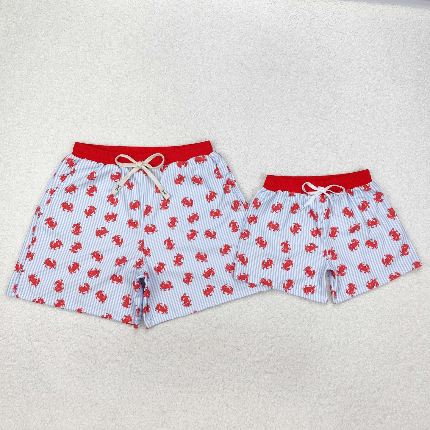 S0464 Adult Red Crab Blue Stripes Print Man Summer Swim Trunks