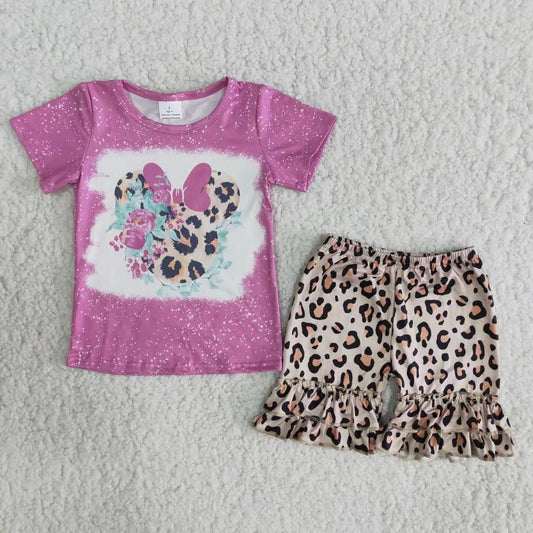 (Promotion)B7-24 Cartoon Mouse Top Leopard Ruffles Shorts Summer Outfits