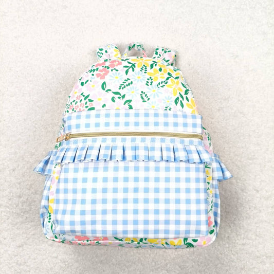 BA0097 Girls Bag Flowers Blue Plaid Print Backpack