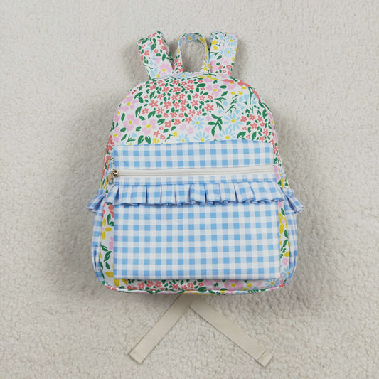 BA0097 Girls Bag Flowers Blue Plaid Print Backpack