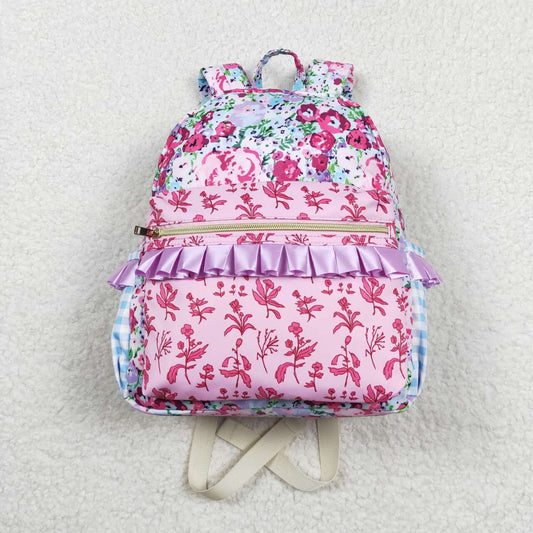 BA0099 Girls Bag Purple Flowers Print Ruffles Backpack