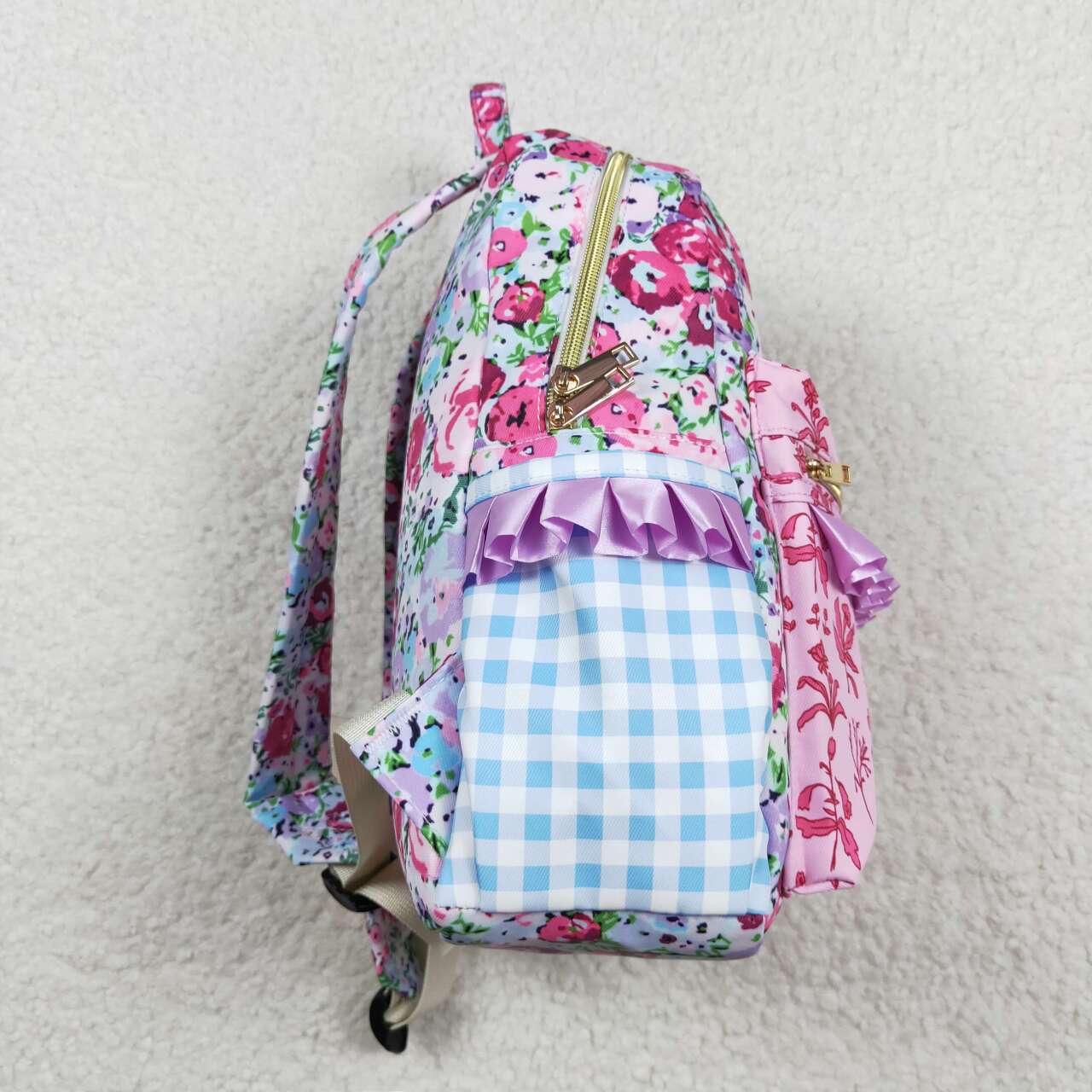 BA0099 Girls Bag Purple Flowers Print Ruffles Backpack